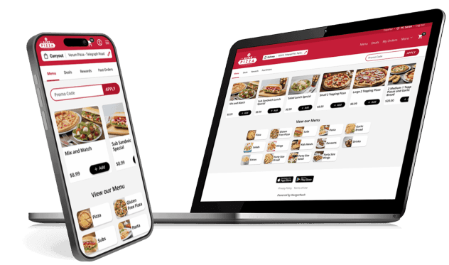 HungerRush Online Ordering Branded restaurant online ordering storefront shown on a phone and tablet